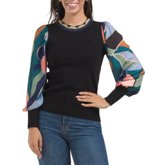 RIO & RIAN Black Mixed Media Crew Neck Balloon Sleeve Sweater - Picture 1 of 2